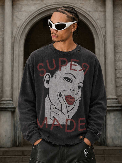 Tongue Graphic Distressed Waffle Long Sleeve Tee