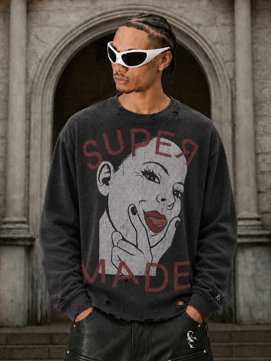 Tongue Graphic Distressed Waffle Long Sleeve Tee