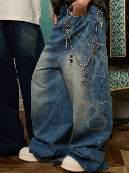 Supermade Thorn and Key Pattern Laser-Burnout Retro Baggy Jeans 