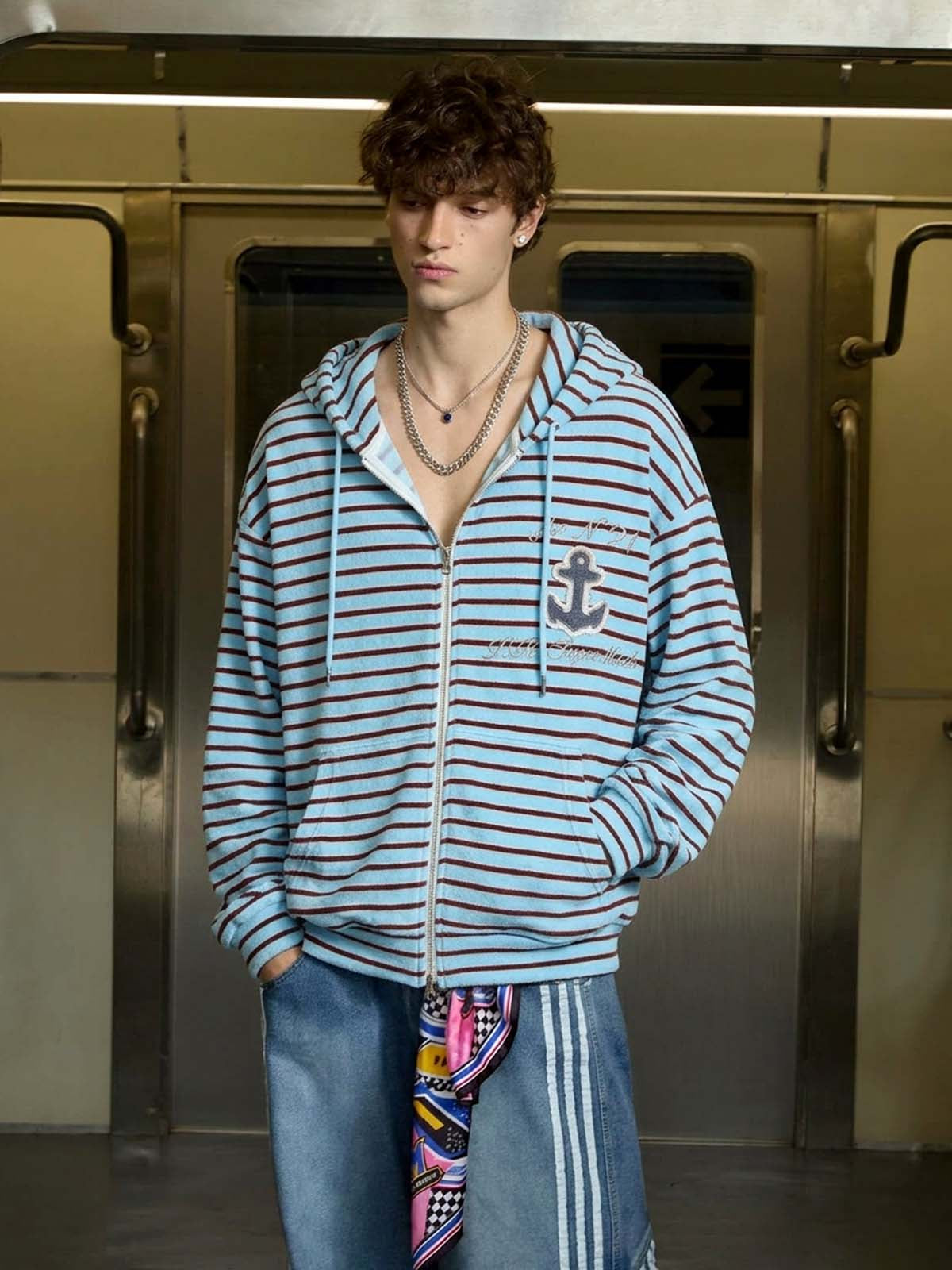 Anchor Appliqué Striped Terry Zip Hoodie