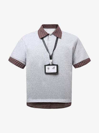 Plaid Patchwork Faux Two-Piece Lapel Polo Shirt 