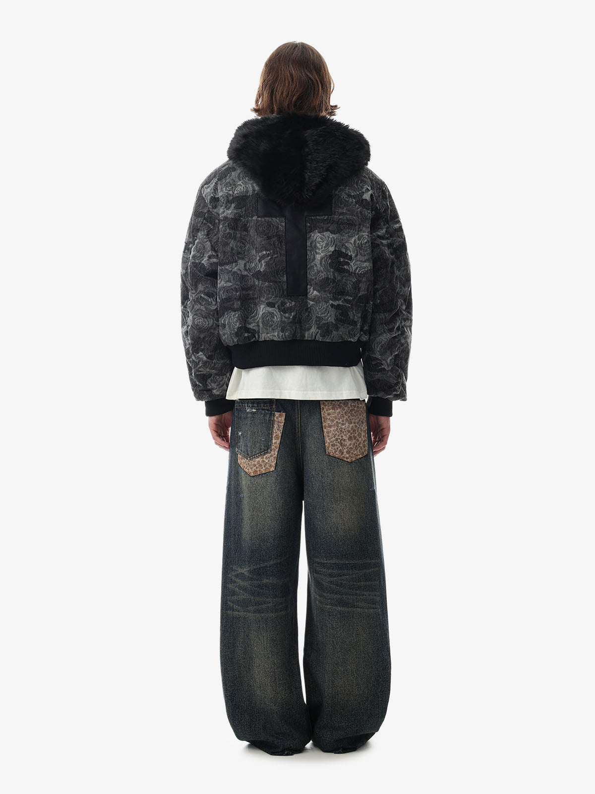 Floral Camo Faux-Fur Collar Padded Bomber Coat