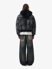 Floral Camo Faux-Fur Collar Padded Bomber Coat
