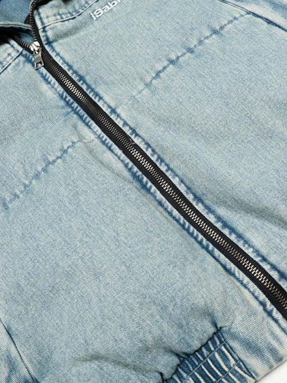 Retro Washed Denim Faux Fur Collar Quilted Jacket 