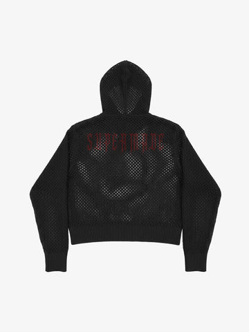 Anti-War Graphic Open-Mesh Knit Boxy Hoodie