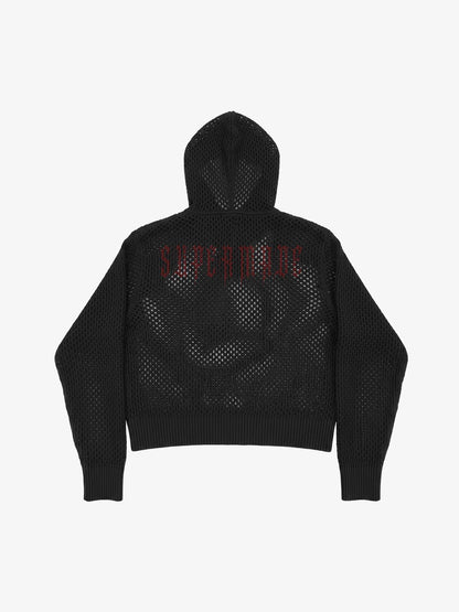 Anti-War Graphic Open-Mesh Knit Boxy Hoodie