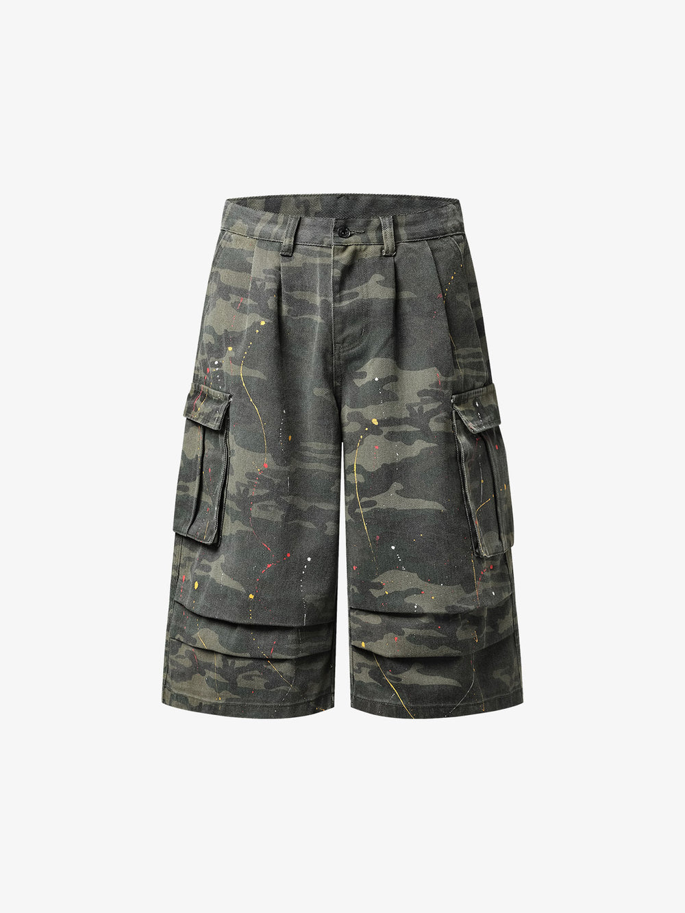 Camo Cargo Shorts with Paint Splatter