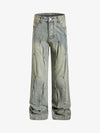 Denim Wide Leg Pants with Distressed Wash and Metal Studs 