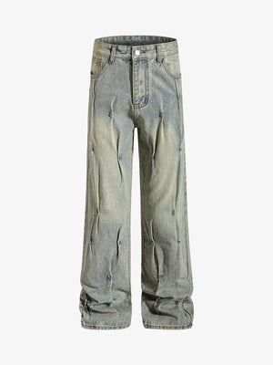 Denim Wide Leg Pants with Distressed Wash and Metal Studs 