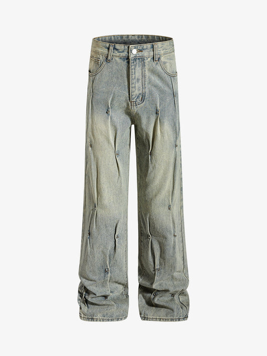 Denim Wide Leg Pants with Distressed Wash and Metal Studs 
