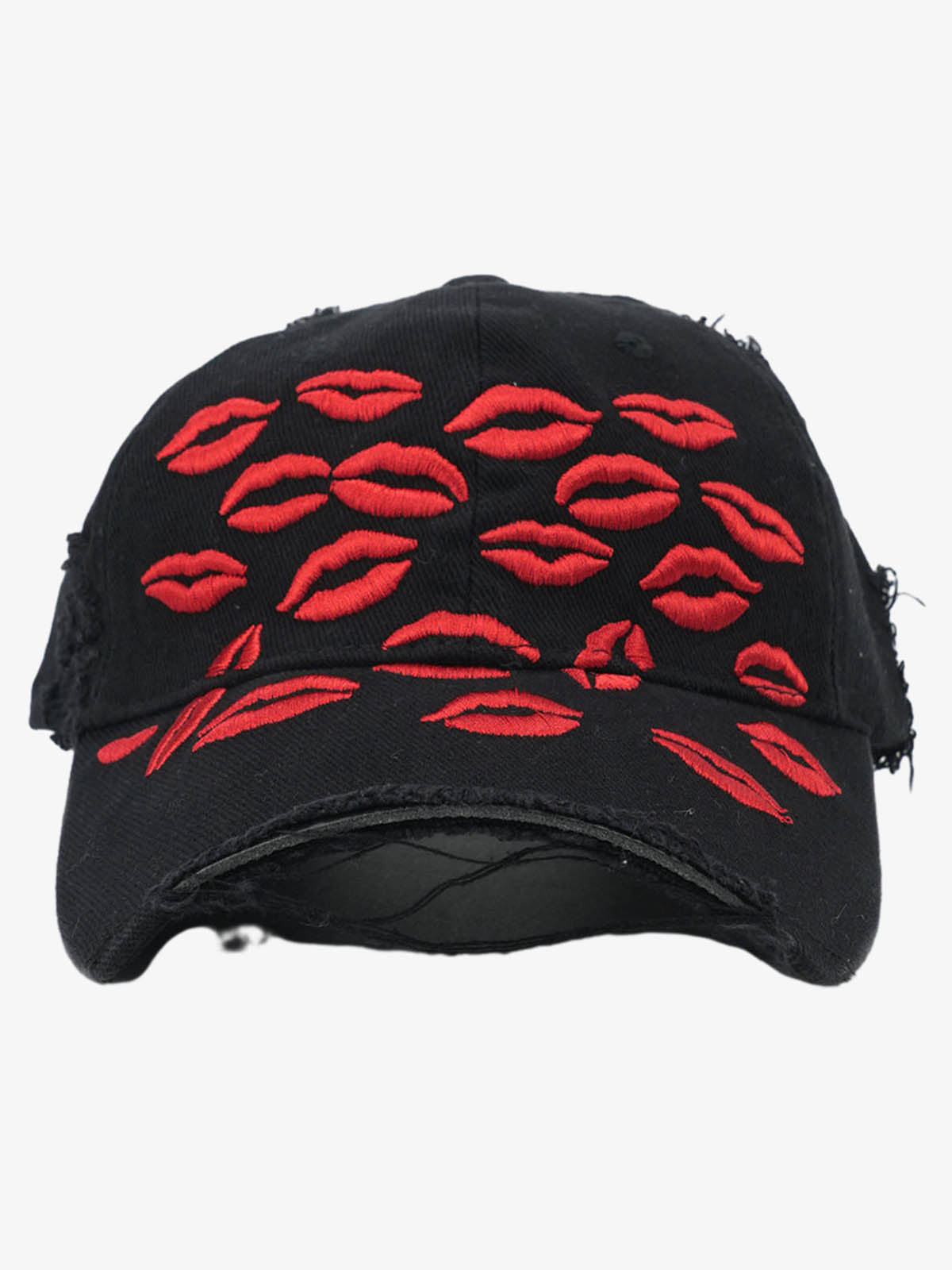 Red Lip Embroidery Distressed Baseball Cap 