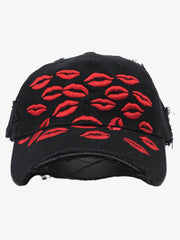 Red Lip Embroidery Distressed Baseball Cap 