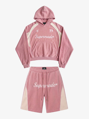 Letter Embroidered Color Block Suede Two-Piece Set