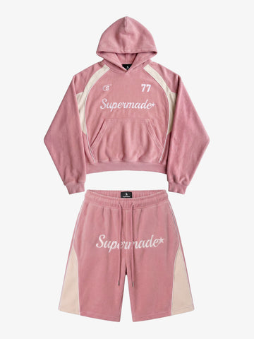 Letter Embroidered Color Block Suede Two-Piece Set