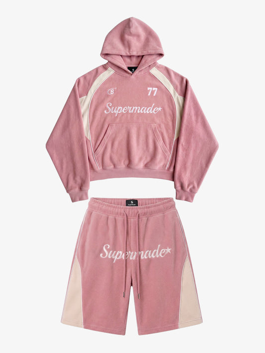 Letter Embroidered Color Block Suede Two-Piece Set