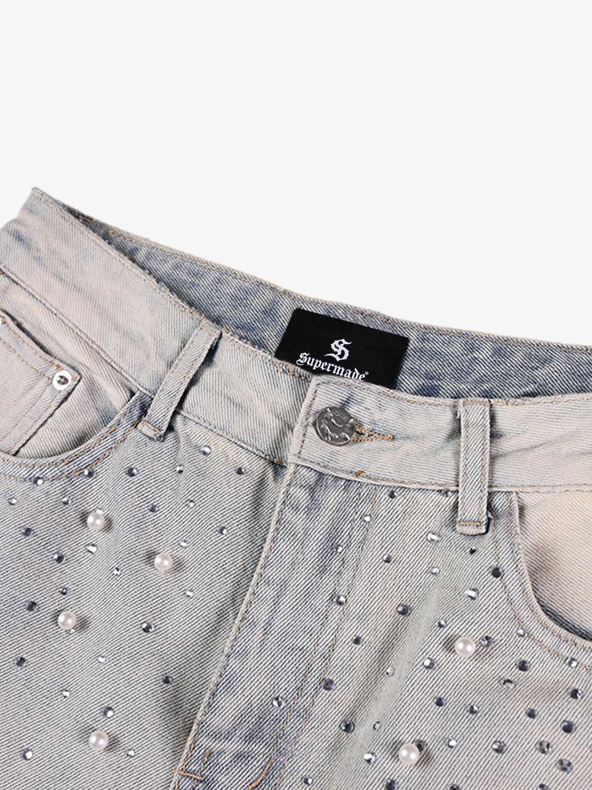 Pearl Embellished Light Wash Denim Shorts 