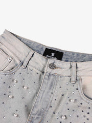 Pearl Embellished Light Wash Denim Shorts 