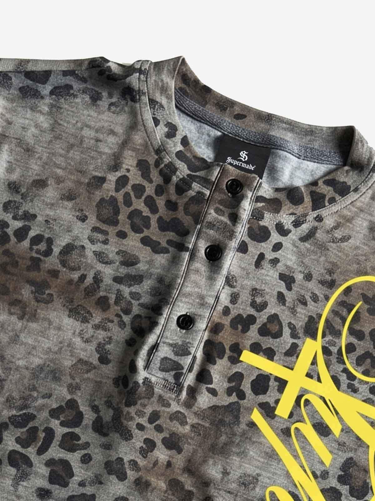 Vintage Leopard Print Zip Neck T-Shirt