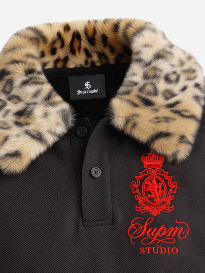 Leopard Fur-Collar Layered Distressed Long Sleeve Polo