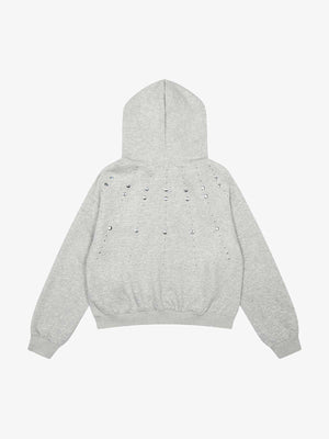 Cotton Blend Rhinestone Embellished Hoodie Jacket for Women - Zip-Up Crop Top with Pockets 