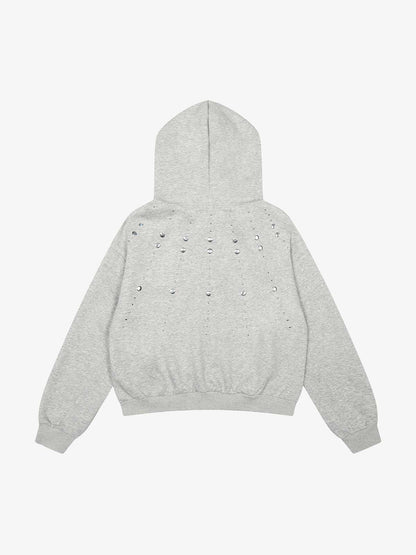 Cotton Blend Rhinestone Embellished Hoodie Jacket for Women - Zip-Up Crop Top with Pockets 