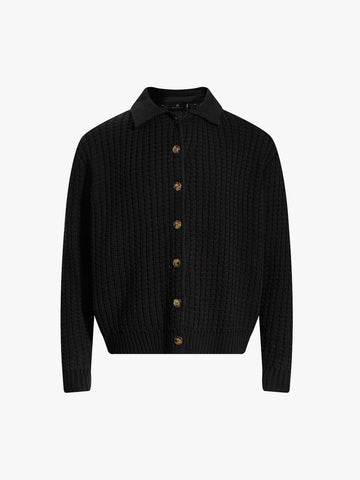 Retro Cable Knit Button-Up Collared Cardigan Sweater 