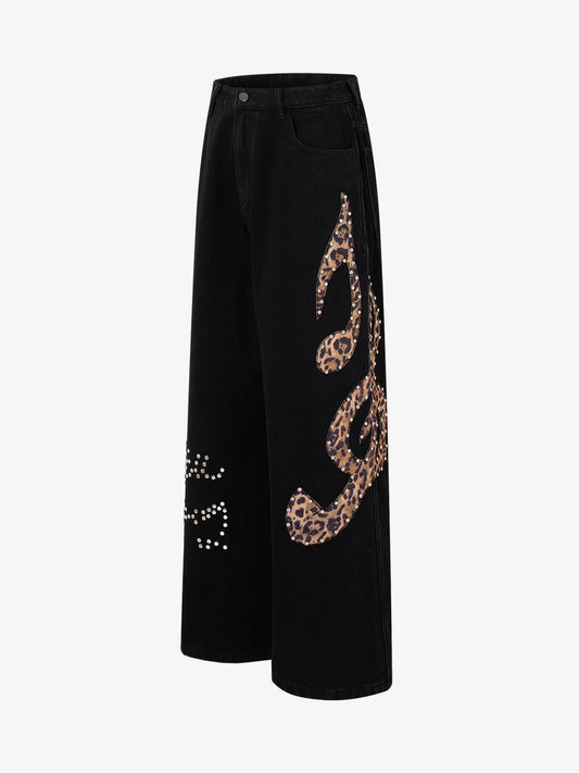 Retro Rhinestone Leopard Patch Music Note Straight Jeans 
