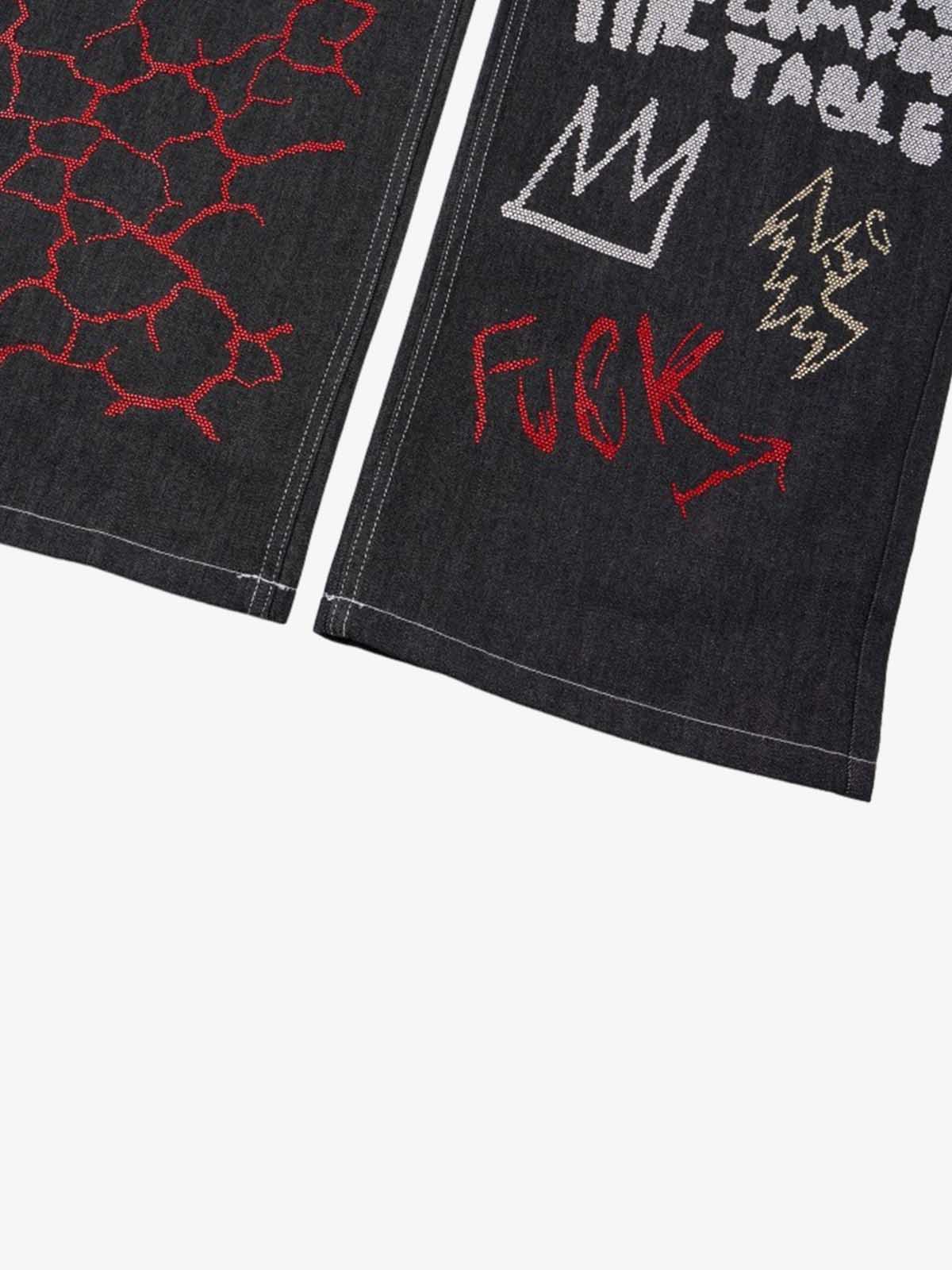 Denim Graffiti Wide Leg Pants with Embroidered Art Design and Bold Statement Text 