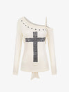 Off-Shoulder Cross Stud Long Slim Sleeve Tee