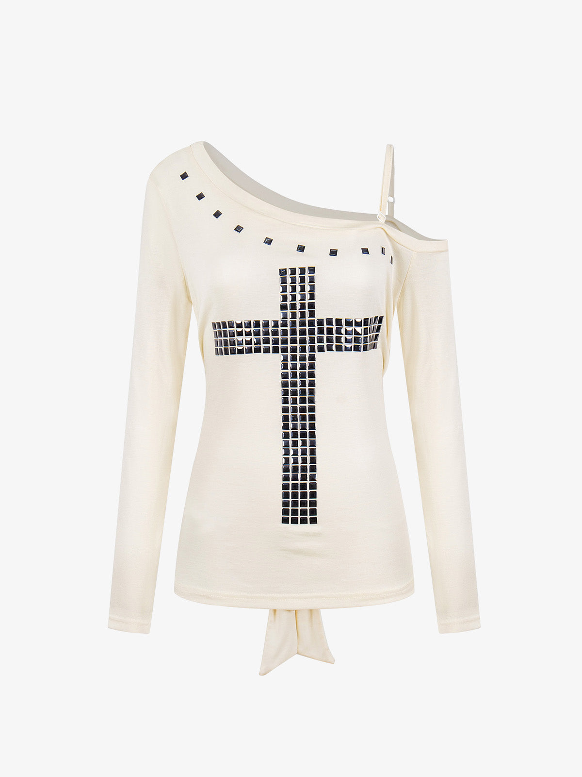 Off-Shoulder Cross Stud Long Slim Sleeve Tee