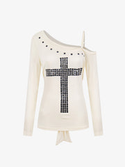 Off-Shoulder Cross Stud Long Slim Sleeve Tee