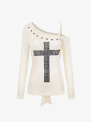Off-Shoulder Cross Stud Long Slim Sleeve Tee