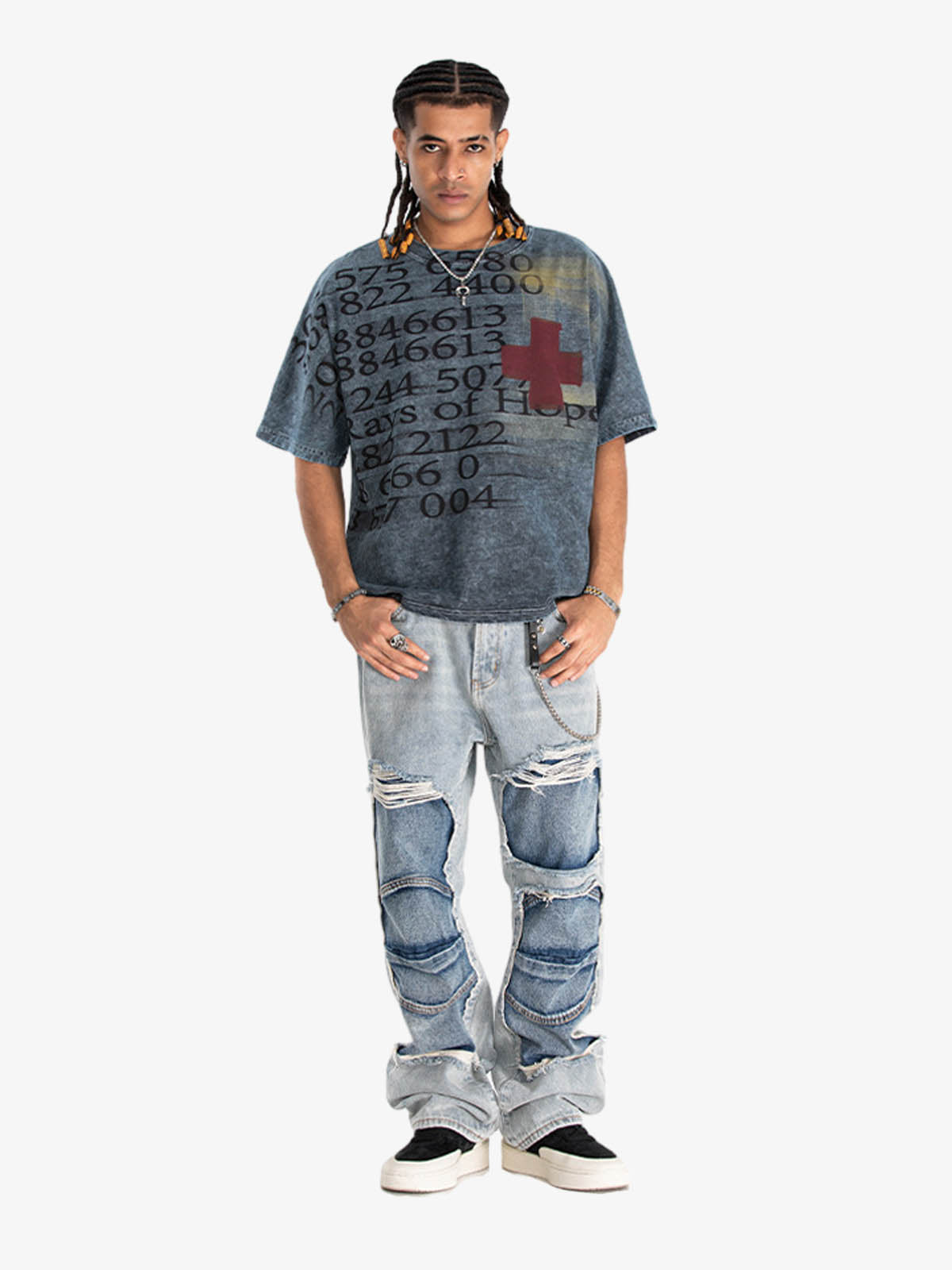 300G Jade Pattern Dyeing Cotton T-Shirt Oversized Streetwear Graphic Tee with Number Print and Red Cross Design 