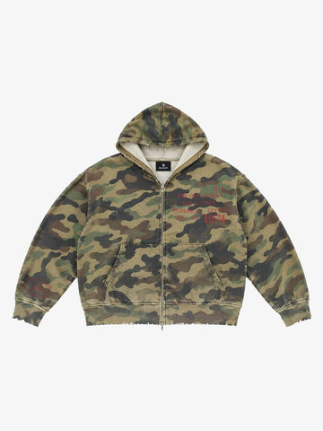 Camo Letter Graphic Distressed Zip-Up Hoodie