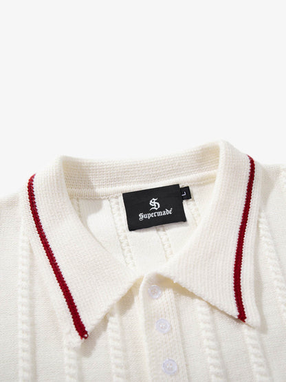 Retro Contrast Trim Ribbed Knit Polo Sweater 