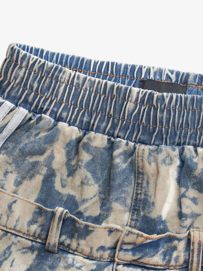 Double Waistband Acid Wash Patchwork Cargo Jeans