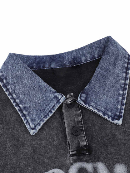 Distressed Embroidered Denim Collar Polo Shirt 
