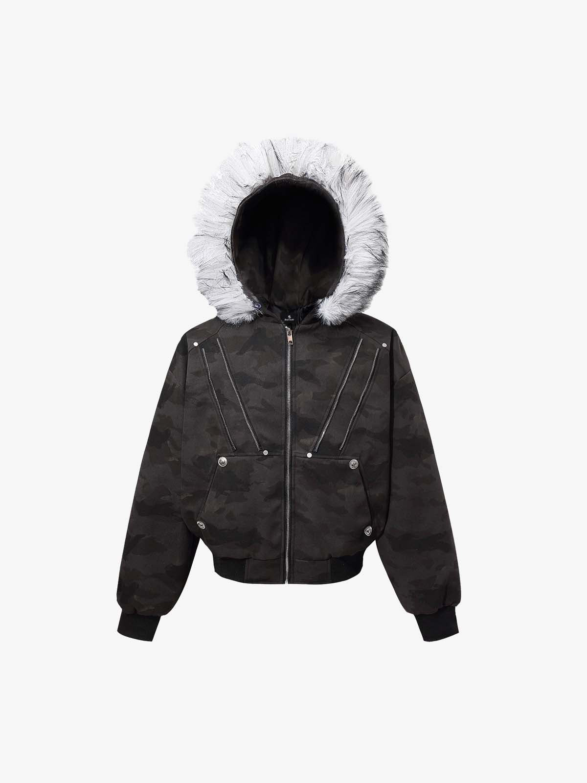 Camoflage Faux Fur Collar Zip Design Bomber Jacket 