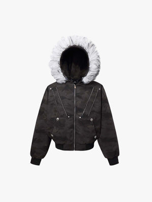 Camoflage Faux Fur Collar Zip Design Bomber Jacket 