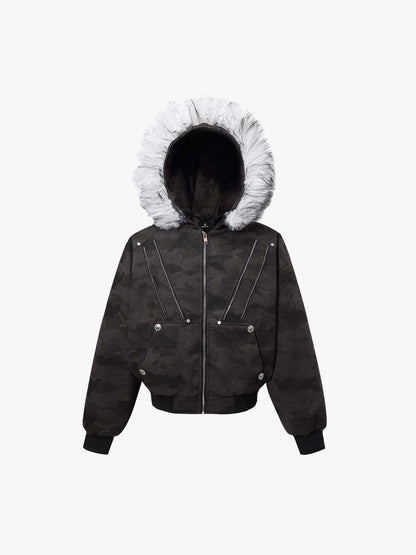 Camoflage Faux Fur Collar Zip Design Bomber Jacket 