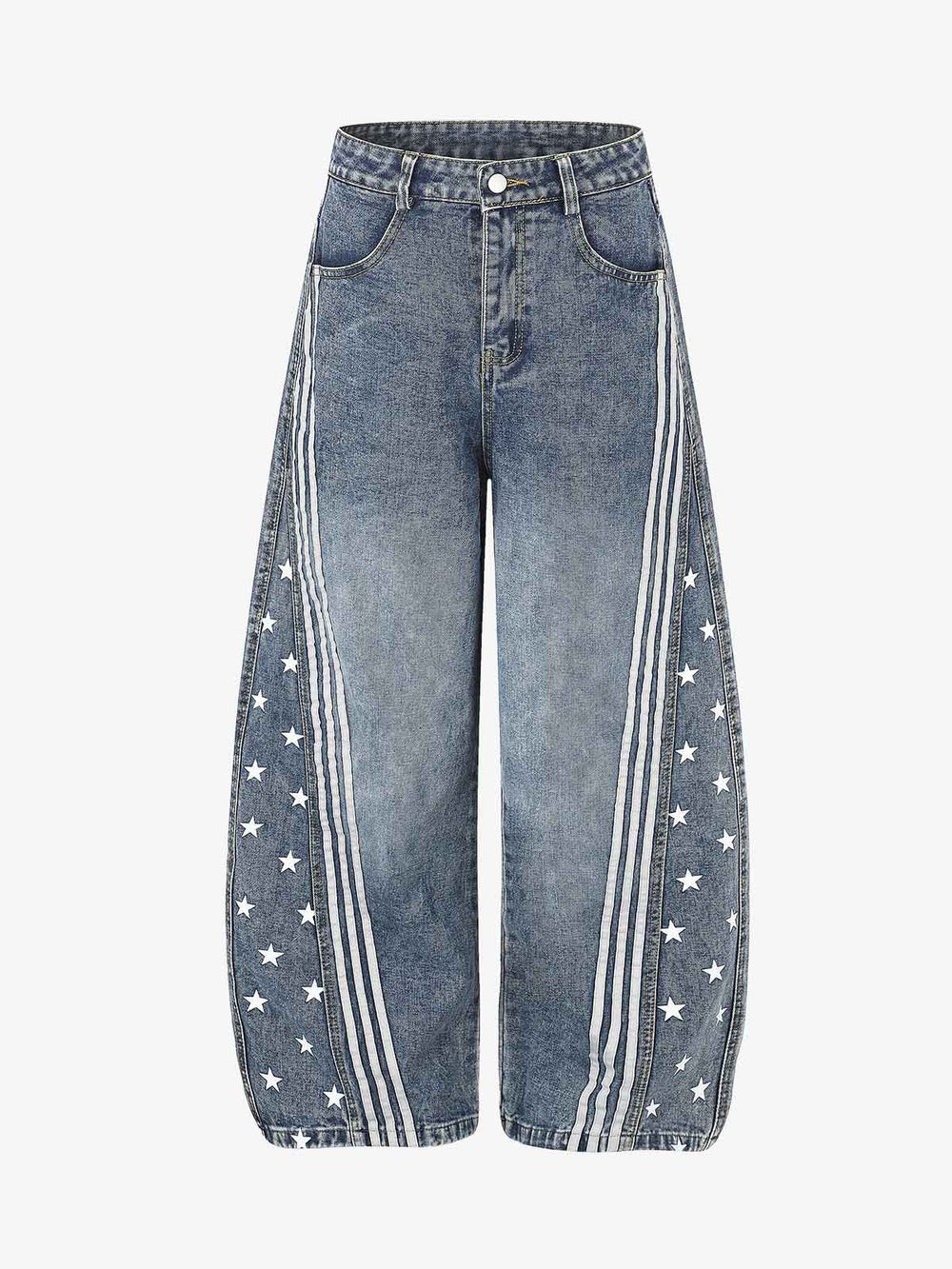 Star Print Curved Stripe Barrel Baggy Jeans