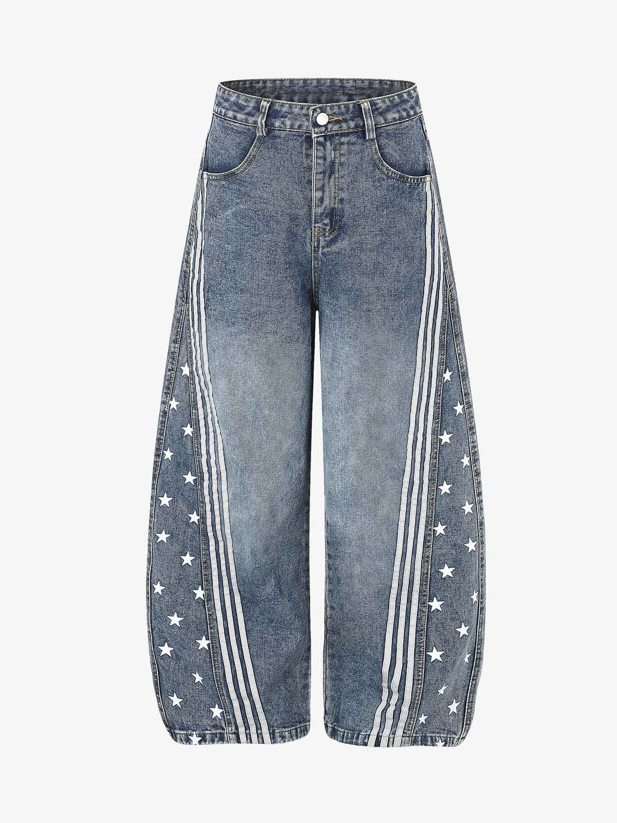 Star Print Curved Stripe Barrel Baggy Jeans