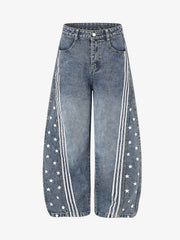 Star Print Curved Stripe Barrel Baggy Jeans