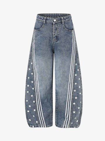 Star Print Curved Stripe Barrel Baggy Jeans