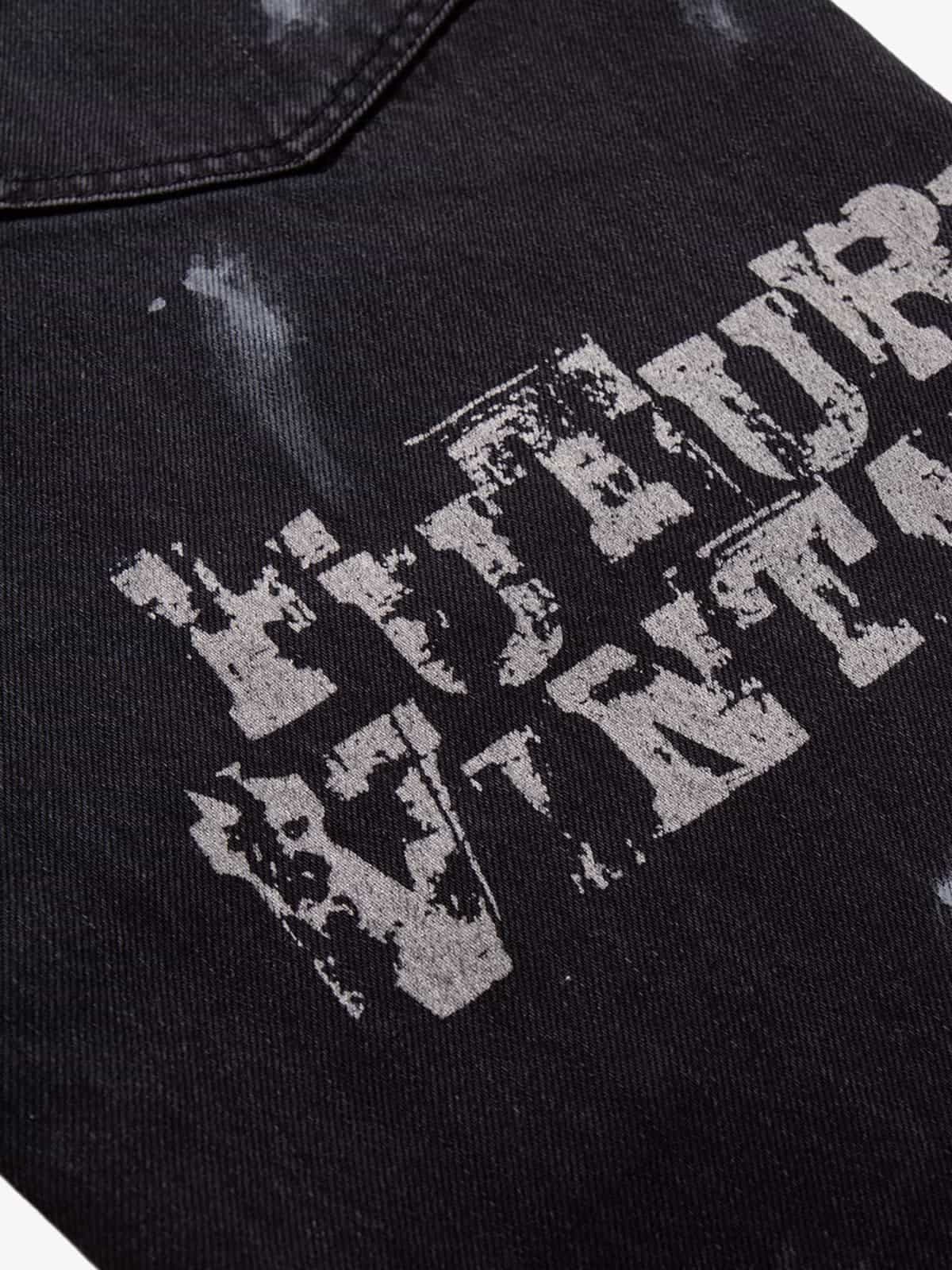 Retro Rhinestone Graffiti Washed Straight Jeans 