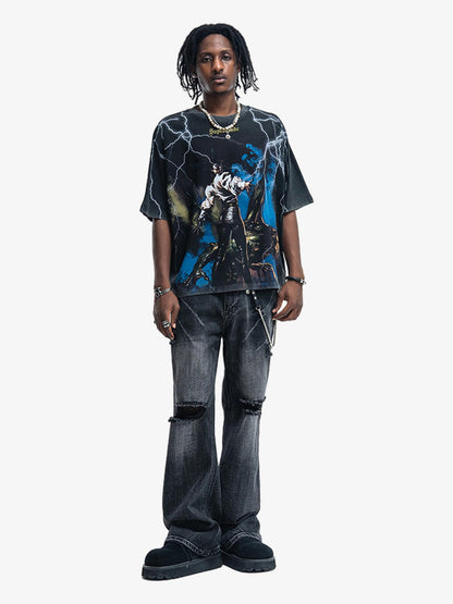 300G Jade Pattern Dyed Cotton T-Shirt with Lightning Graphic Print Oversized Streetwear Tee 