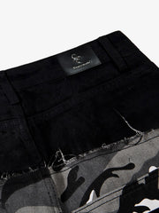 Camo Patchwork Eyelet Strap Flared Jeans