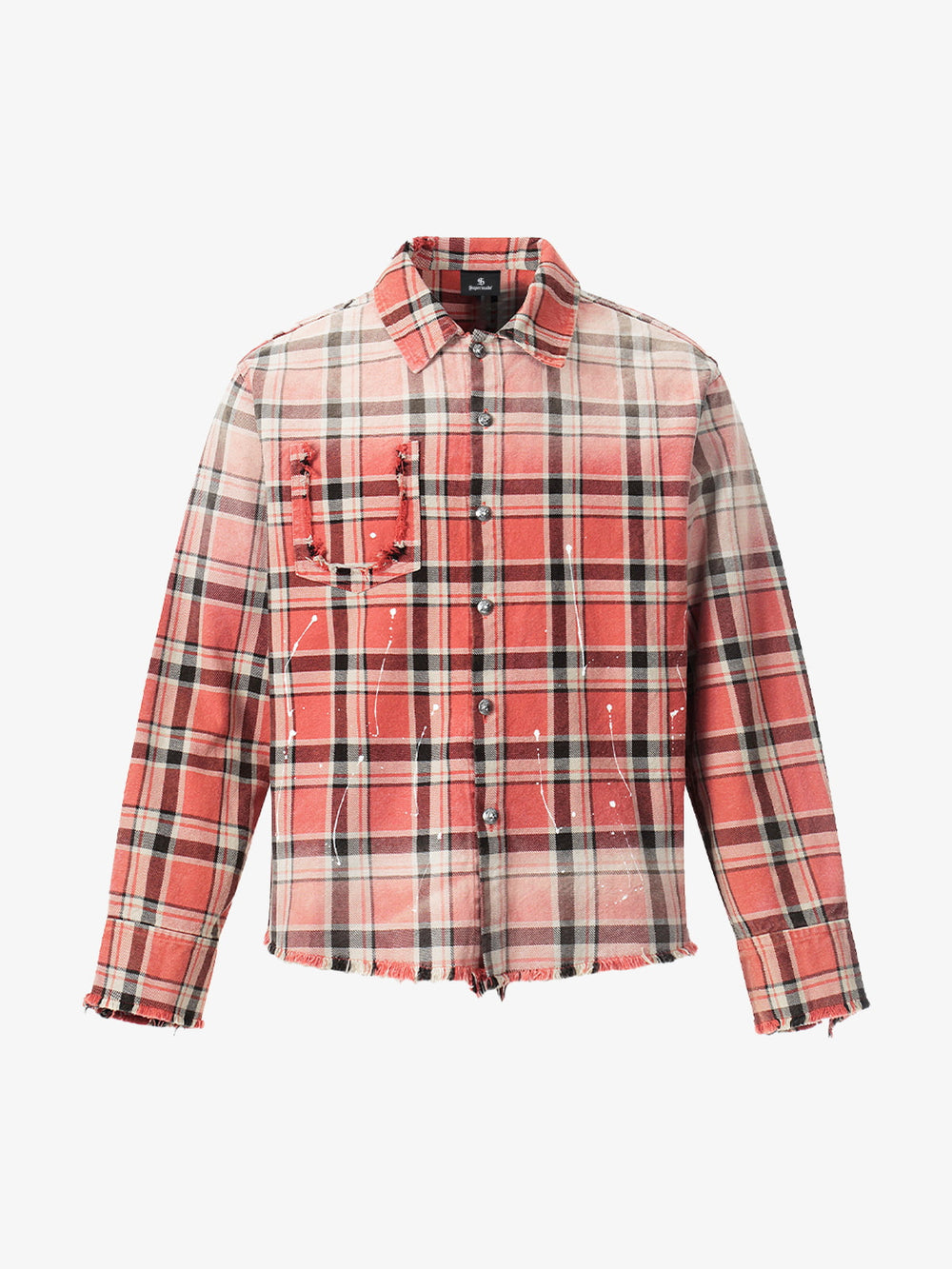 Paint Splatter Plaid Frayed Hem Button Up Shirt 