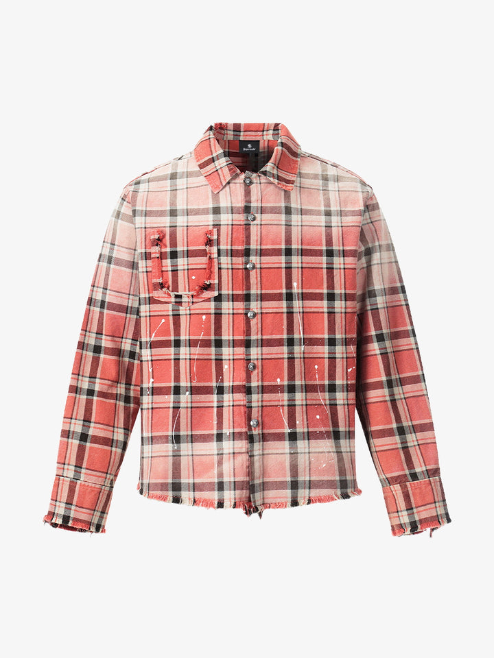 Red plaid button-up shirt with paint splatters and a frayed hem