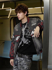 Washed Denim Racing Graphic Print Varsity Jacket